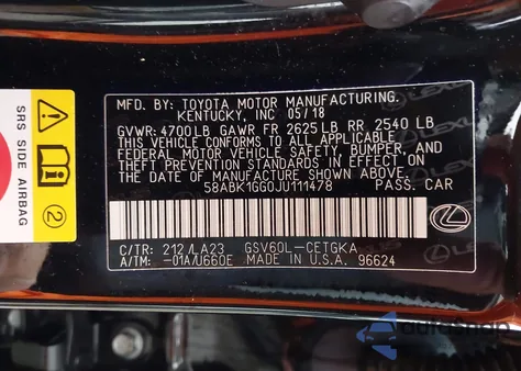 2018 Lexus Es 350 из США, поврежденный, VIN 58ABK1GG0JU111478